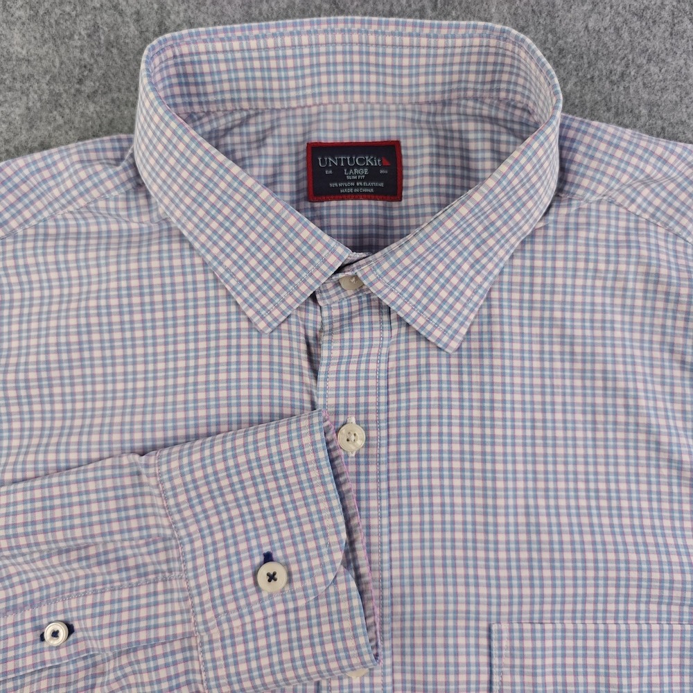 Untuckit Shirt Mens Large Slim Fit Nylon Stretch Blue Pink Stretch Button Up
